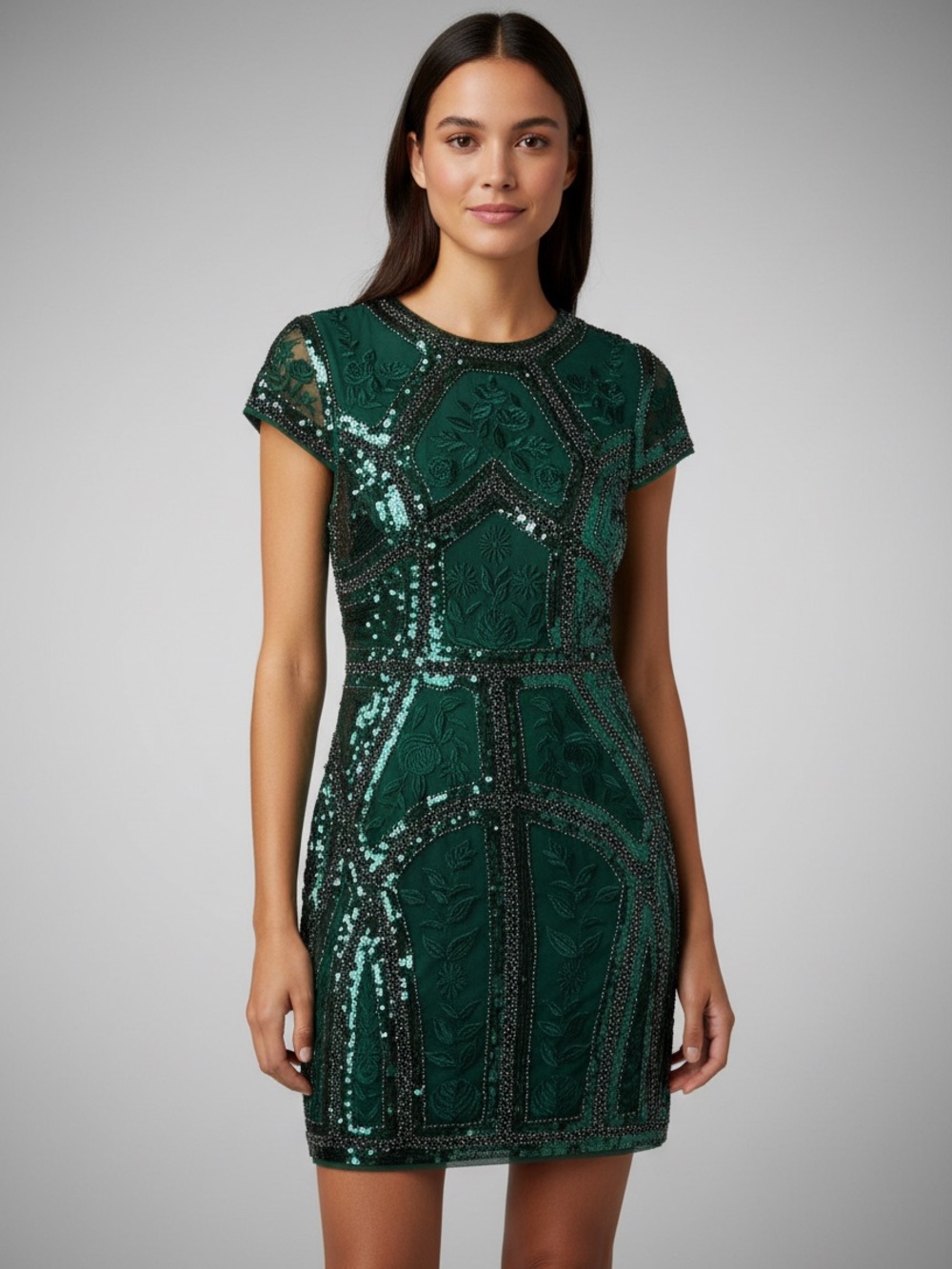 Lulu's Emerald Green Sequined Embroidered Cocktail Dress with Lining Size M NWT
